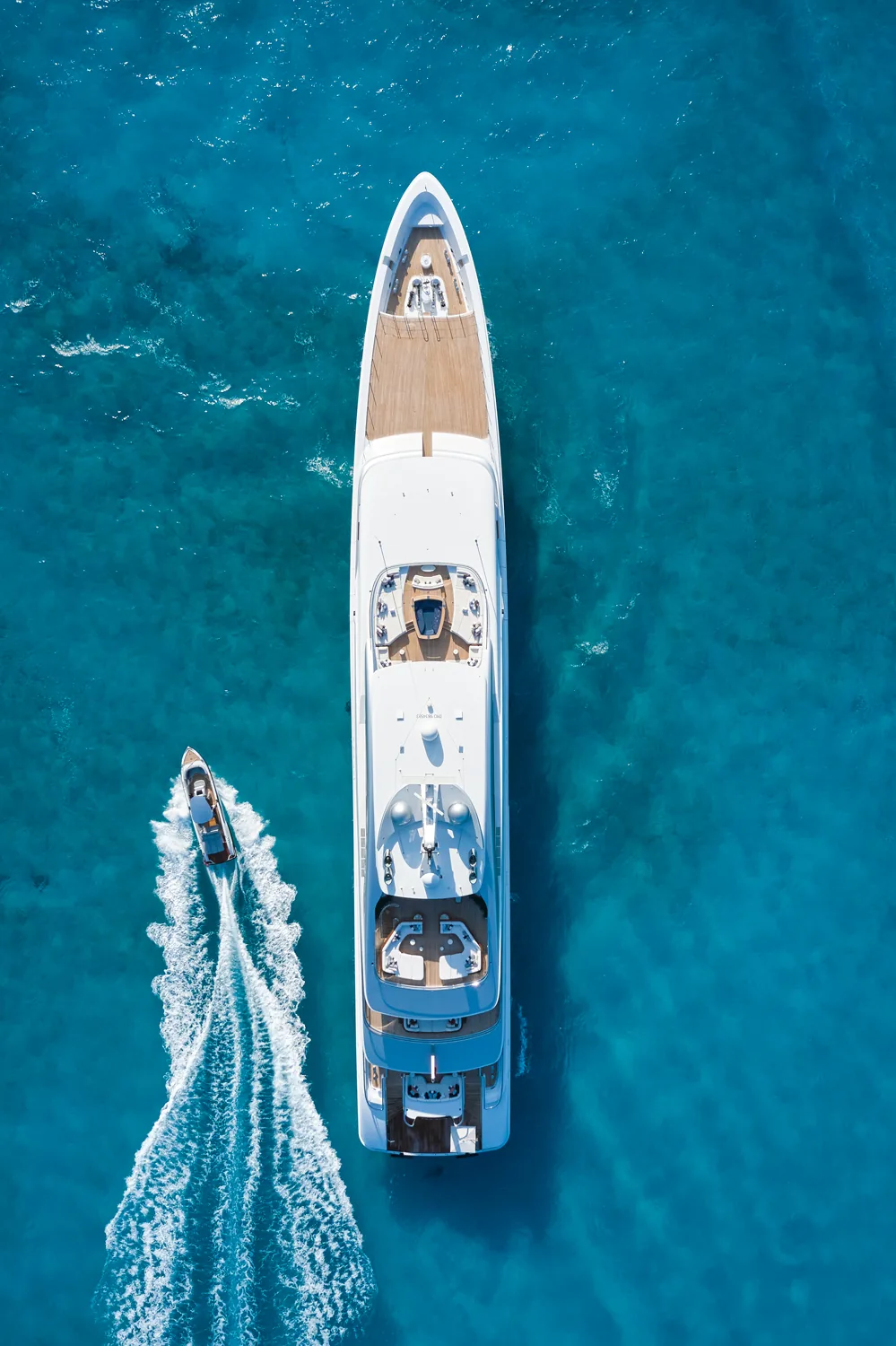 Aerial view of 75m Feadship superyacht Arrow underway, exterior designed by H2 Yacht Design