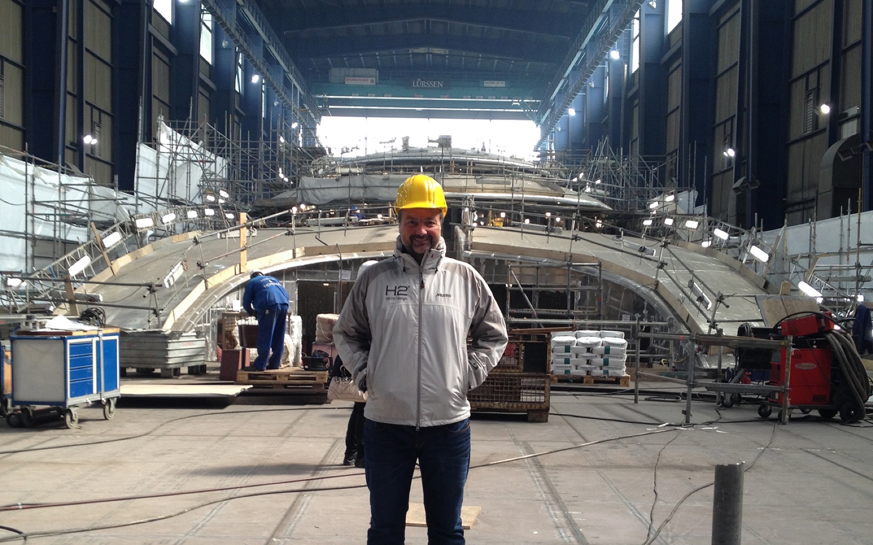 Jonny Horsfield visiting a superyacht under construction in the Lürssen build shed
