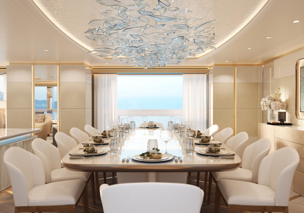 Render of a superyacht dining area. Project under construction.